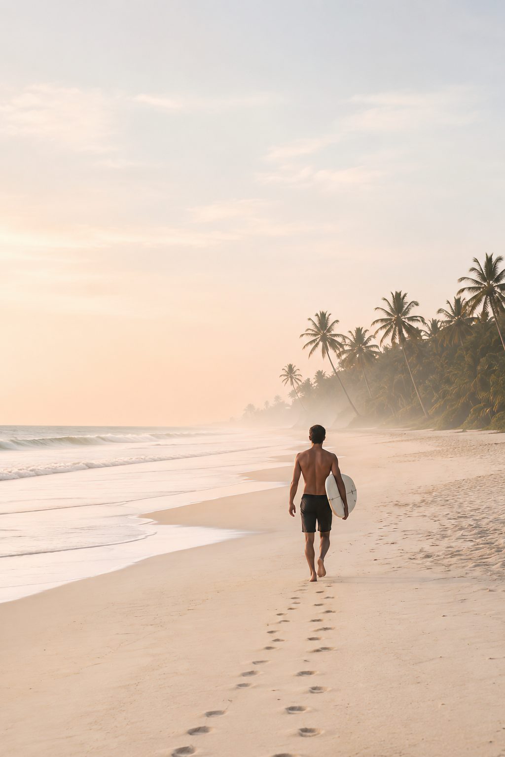 Surfer walking the shoreline at sunset